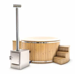 Houtgestookte Hottub Met Filteraansluiting - 4-6 Personen - Wit -Zwembaduitrustings Winkel vooraanzicht incl